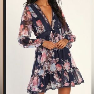 *NEW WITH TAGS* Dark Blue Floral Long Sleeve Mini Dress